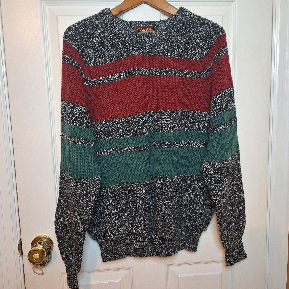 Oakton Limited Vintage Grey Red Green Striped Ribbed Crewneck Sweater Size M
